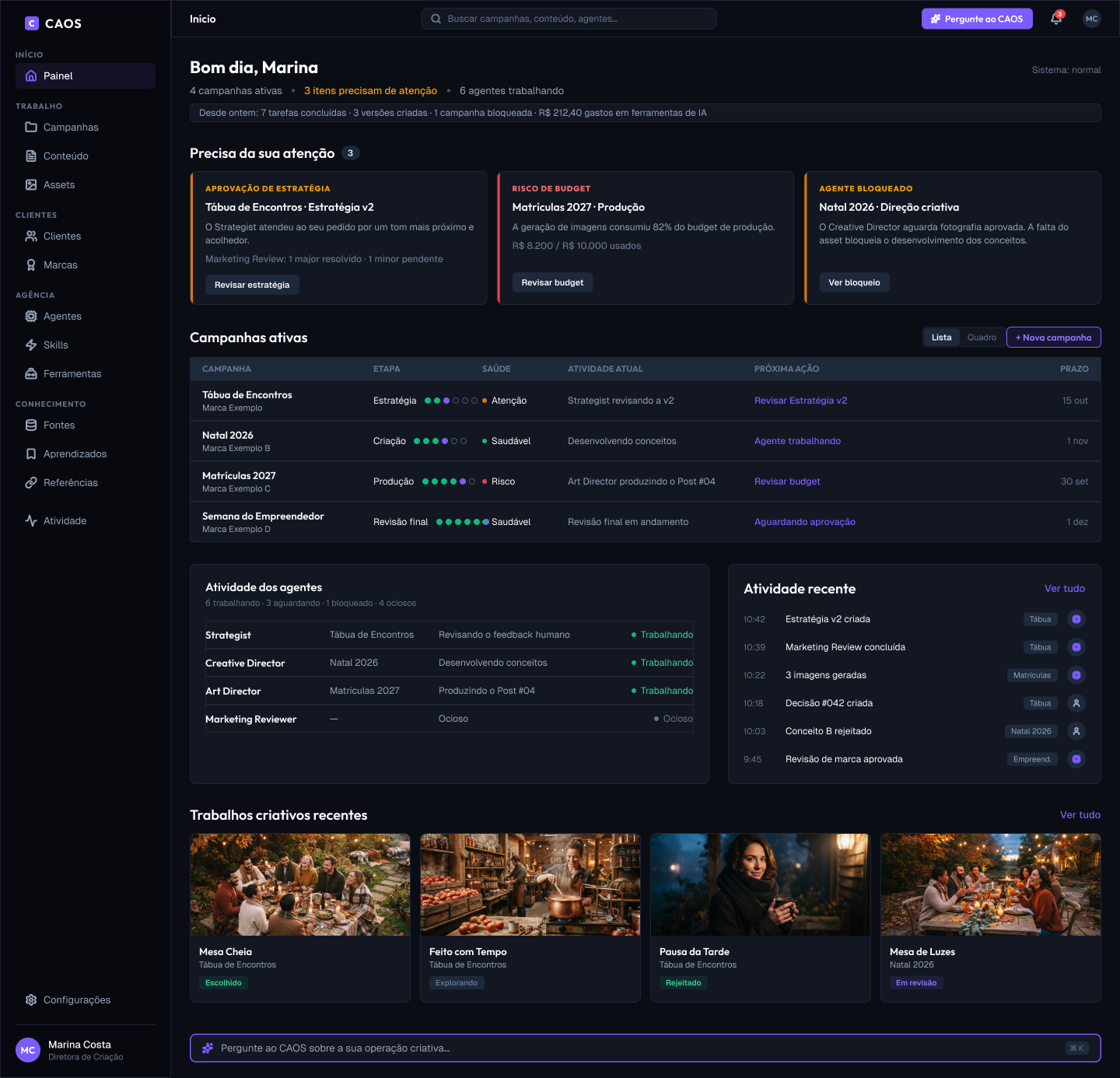CAOS dashboard showing active campaigns, items that need attention, agent activity and recent creative work.
